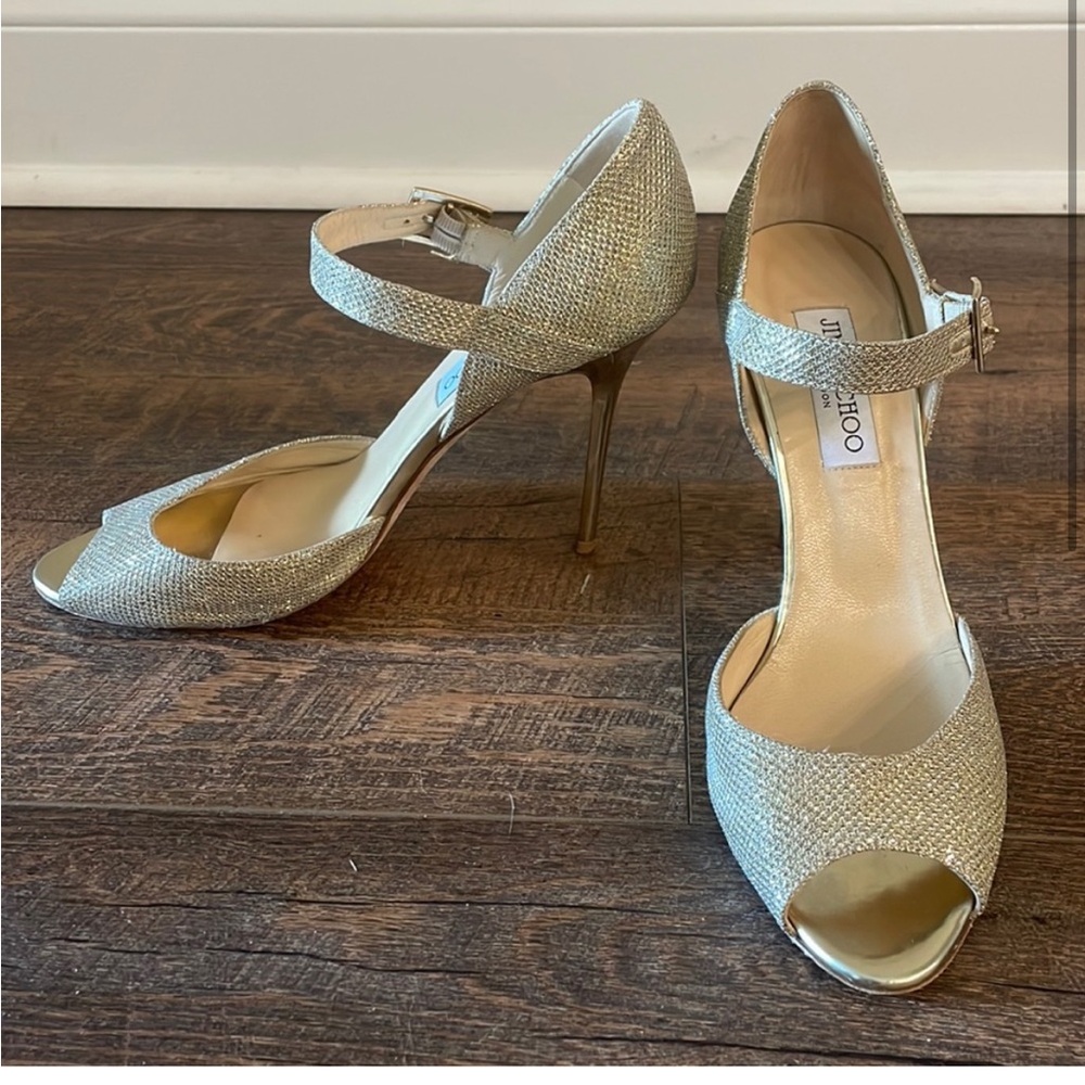 Jimmy Choo Heels Gold Stiletto High Heels Sandals with Strap Size 39.5 or 8.5